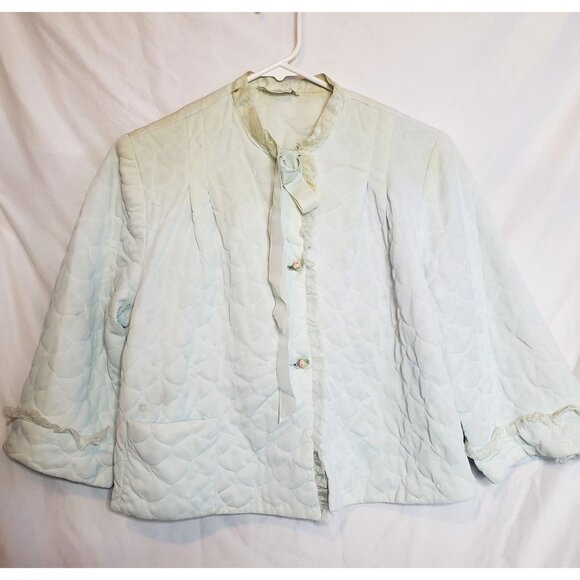 Vintage Stella Fagim Bed Jacket Pale Light Blue Quilted Lace Trim Rose Buttons N - Picture 1 of 9
